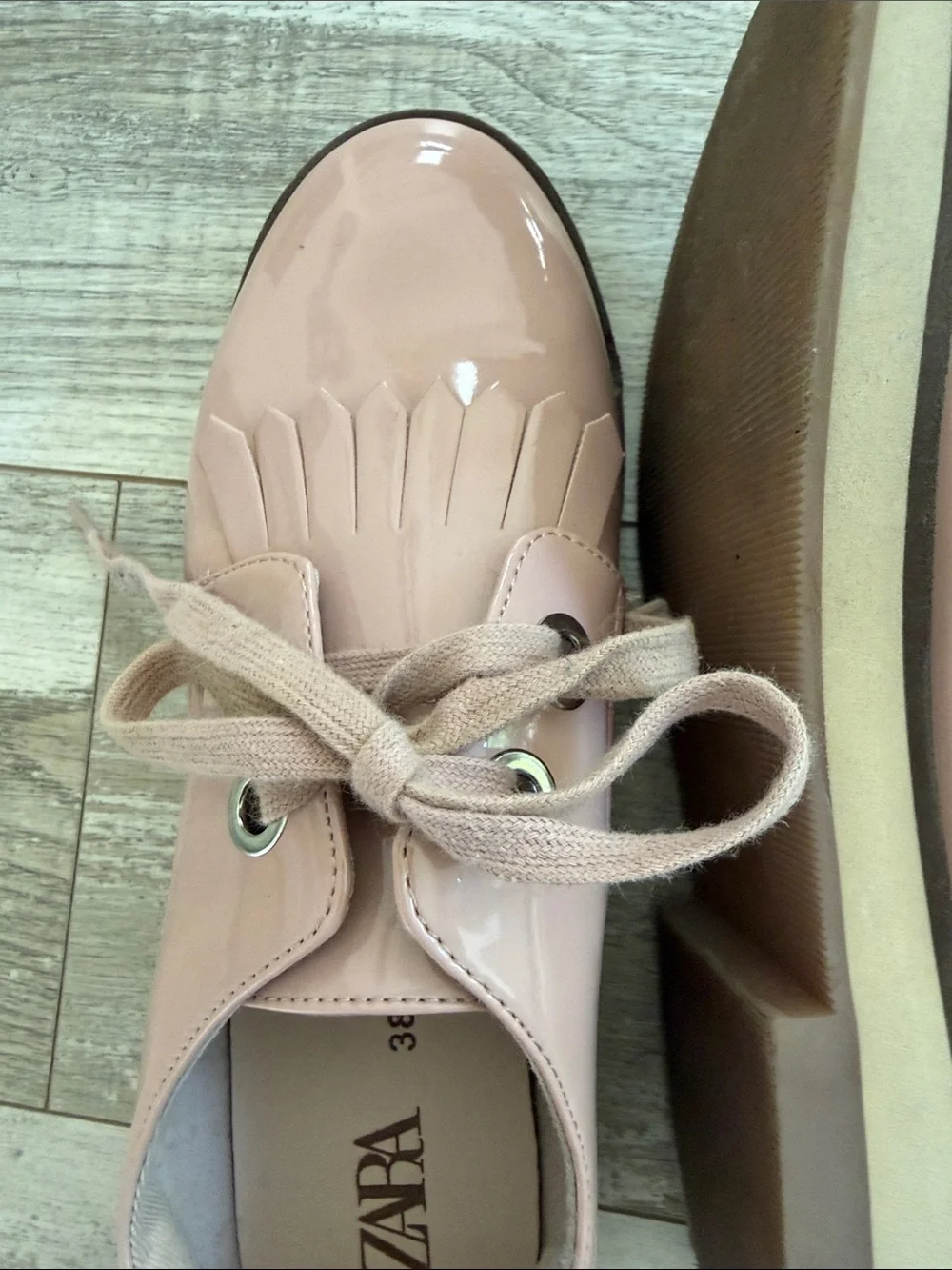 Zara Blush Pink Patent Fringe Lace-Up Flats